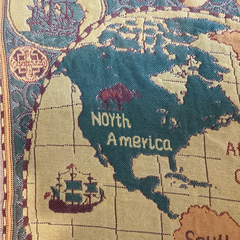 Elegant World Map Tapestry – Blue, Red & Gold –‎ Wall Hanging or Rug